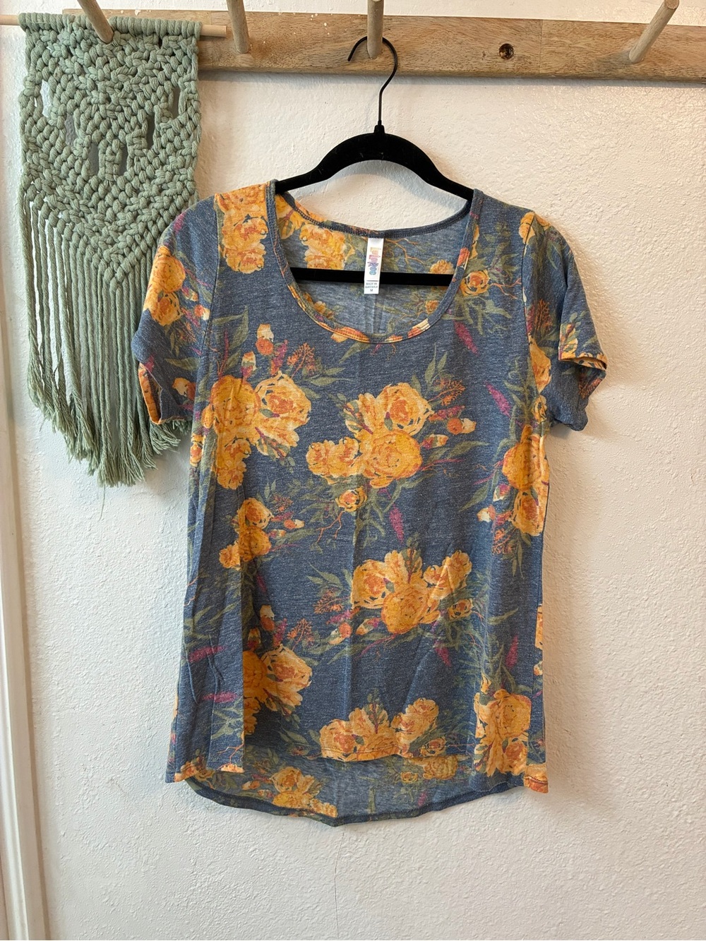 LuLaRoe Blue Scoop Neck Tee with Yellow Floral Print